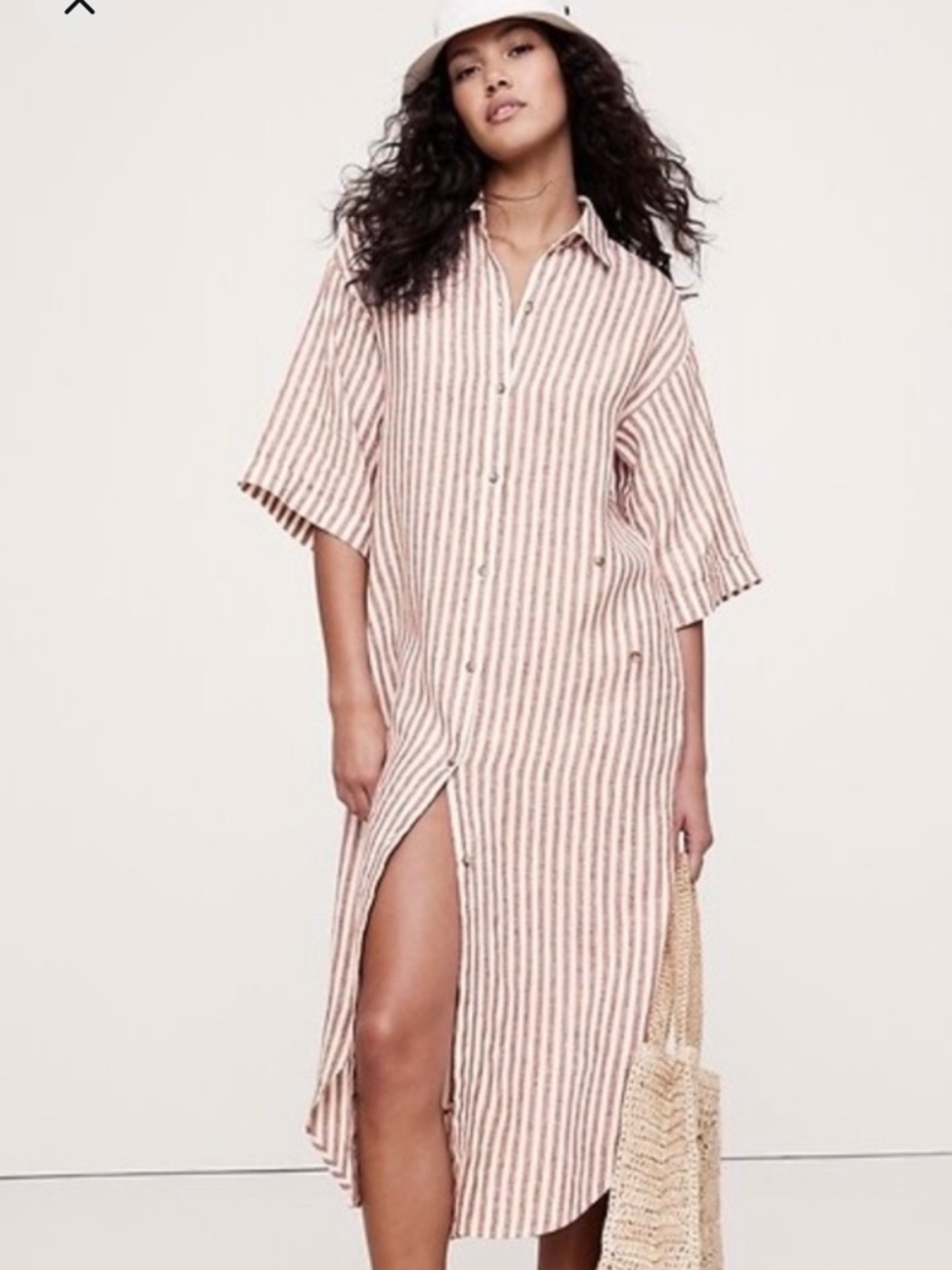 Banana Republic Linen Striped Asymmetrical Button-Front Midi Shirt Dress